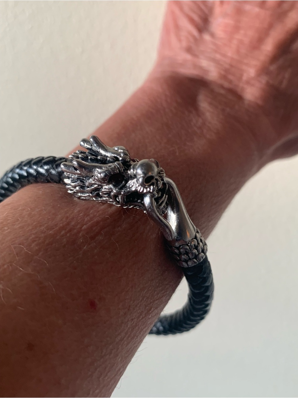 Men's Black Leather Bracelet with Silver Dragon Clasp